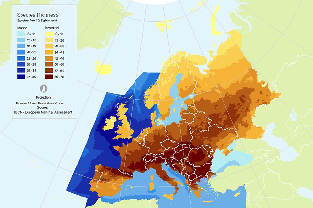 Species richness in Europe - Mammals (source: IUCN European Red List)