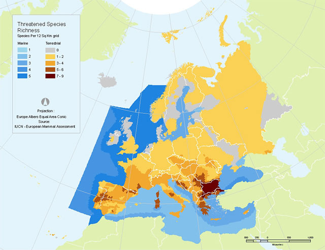 Threatened species richness in Europe - Mammals (source: IUCN European Red List)