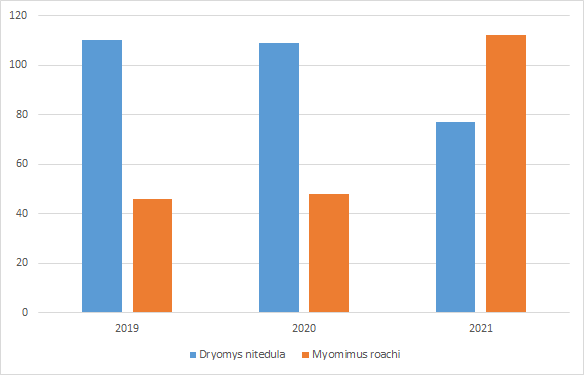 Number of individuals captured Dryomis vs Myomimus in Sakar mountain 2019-2021