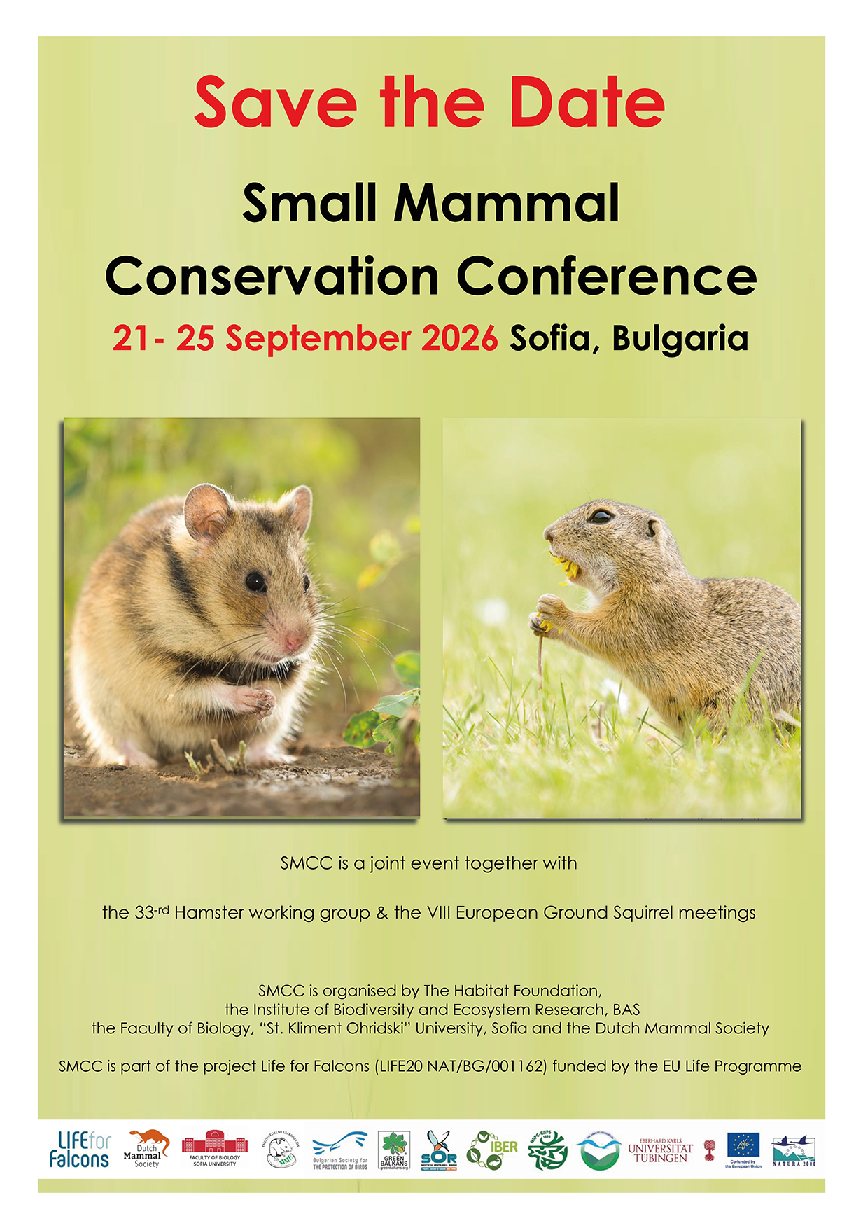 Announcement Small Mamma Conservation Conference (images of Romanian hamster and Souslik by Bram Conings - https://www.bramconings.be/)